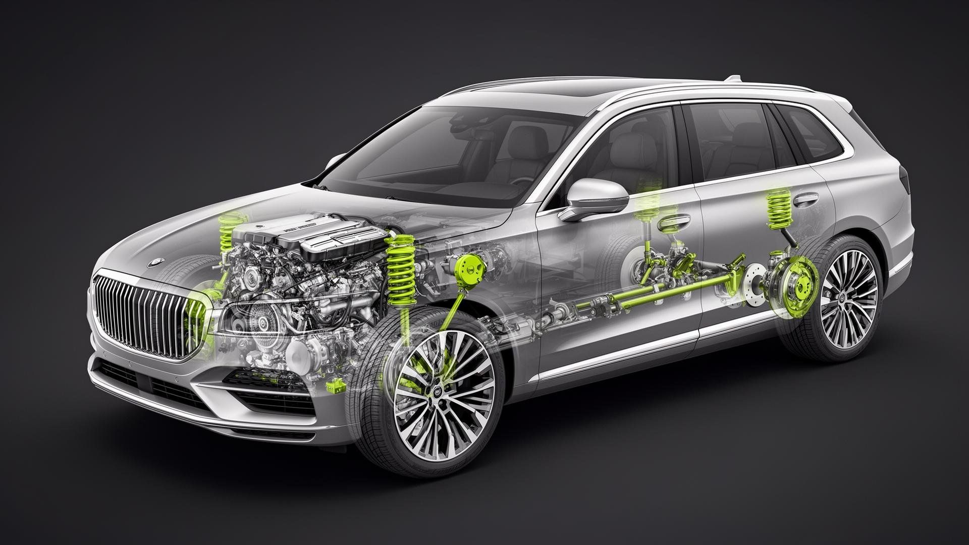Auto cutaway con componenti evidenziati